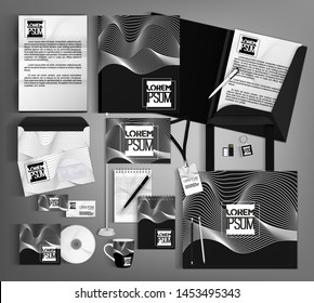 Corporate identity template design with a black and white wave. Business set stationery.