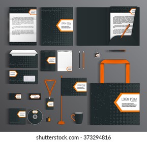 Corporate identity template design with a black and orange color. Business set stationery.