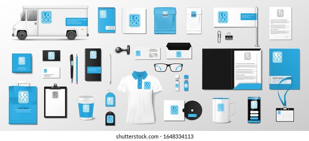 Corporate identity template design. Blue and black Business Stationery mockup for your brand. Realistic Stationery and brochure, van, brochure, mug for your brand. Vector