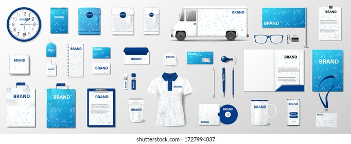 Corporate identity template design. Blue and white Business Stationery mockup for your brand. Realistic Stationery and brochure, van, brochure, mug for your brand. Vector