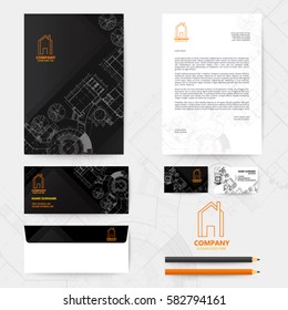 Corporate identity template design with blueprint background. Business realestate