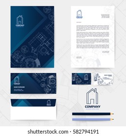 Corporate identity template design with blueprint background. Business realestate