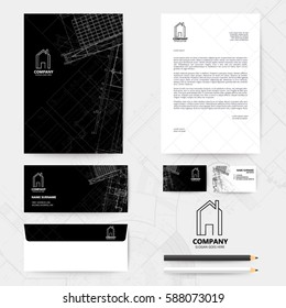 Corporate identity template design with blueprint background. Business realestate