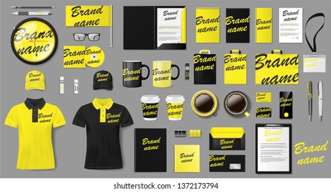 Corporate identity template design. Branding yellow and black Business Stationery mockup for shop. Stationery and uniform, package for your brand. Vector illustration EPS 10