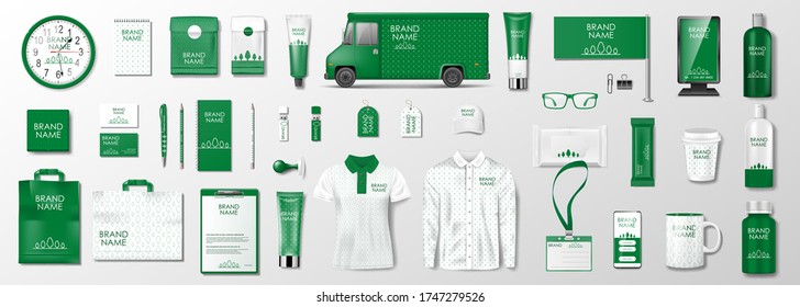 Corporate identity template design. Branding design kit for beauty salon, cosmetic shop or organic shop. Green business stationery mockup set. Vector