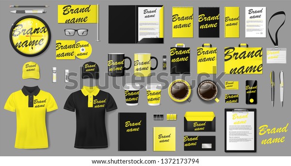 Corporate identity\
template design. Branding yellow and black Business Stationery\
mockup for shop. Stationery and uniform, package for your brand.\
Vector illustration EPS\
10