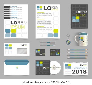 Corporate identity template design with color and graphic rectangular and rounded elements in gray and turquoise. Business stationery. Vector illustration