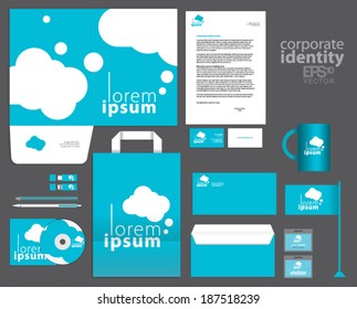 Corporate identity template design with cyan blue clouds. Simple vector company style letter business card envelope brochure and paper bag.