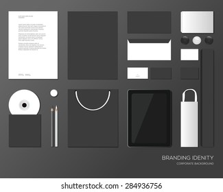 Corporate identity template design in dark color. Business stationery, mock-up. Forms, pencils, eraser, disk, packages, box, card, laptop, tablet, display, device, envelope, badge. 