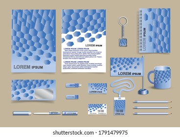 Corporate identity template design in the form a structure of blue hexagons and cubes on a blue and white background. Stationery