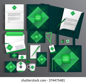 Corporate identity template design with a green rhombus. Business stationery set.