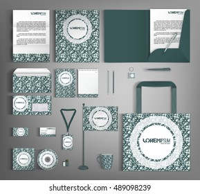 Corporate identity template design with green abstract pattern. Business stationery set.