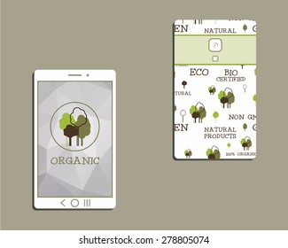 Corporate identity template design for natural and organic shop products. Mobile device, smart phone. With organic, Green and eco logo template. Vector illustration