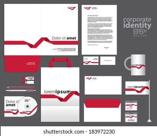 Corporate identity template design with red lines. Simple vector company style letter business card envelope brochure and paper bag.