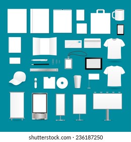 Corporate identity template design stationery, vector illustration. Includes blank calendar, notebook papers, business card,  badge, envelope, shirt, bag, cap,  mobile phone, computer, billboards 