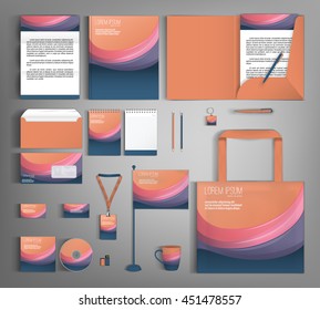 Corporate identity template design with wavy stripes. Business set stationery, brochure, card, letterhead, catalog, pennants. Suitable for brand advertising
