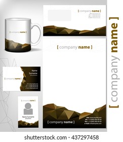 corporate identity template document page, business card, realistic cup, leaflet. Vector illustration paper head abstract rocky dark design
