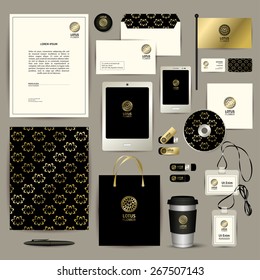 Corporate identity template. Folder, pen, magnet, envelope, flag, phone / tablet interface design, business card, disc with packaging, flash memory cards, paper-bag, coffee cup holder, badges. Vector

