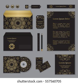 Corporate identity template with gold floral pattern. Business stationery set mock up.