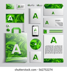 Corporate identity template in green colors with paint background. Vector company style for brandbook and guideline. EPS 10