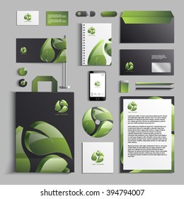 Corporate identity template in green and dark gray colors with leaves logo template. Vector company style for brand book and guideline. EPS 10