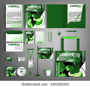 Corporate identity template. Green set with paint stains. Modern trendy style. Vector illustration