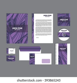 Corporate identity template with hand drawn purple exotic tropical leaf pattern, creative stationery branding mock-up set of separated, movable objects. EPS 10.