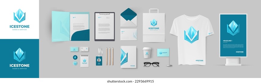 Corporate identity template with ice form logo and blue background, corporate branding set of folder, business cards and print elements. Minimal style branding for modern company