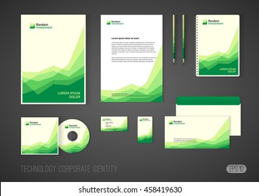 Corporate identity template for investment company, modern stationery template design stylized with charts for investment business. Brochure cover, letterhead, envelope, business card, pen, CD cover.