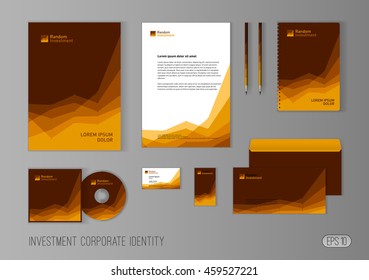 Corporate identity template for investment company, modern stationery template design stylized with charts for investment business. Brochure cover, letterhead, envelope, business card, pen, CD cover.