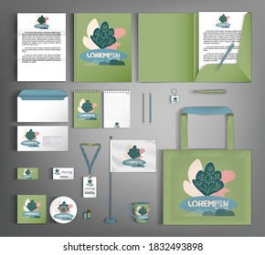 Corporate identity template with minimalist style floral ornament. Set of business office supplies.