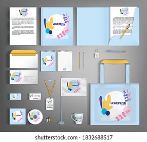 Corporate identity template with minimalist style floral ornament. Set of business office supplies.