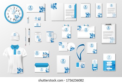 Corporate identity template mockup. Brand blue color abstract geometric mockup on uniform, pack, mug, letterhead, annual report. Realistic Vector Stationery illustration