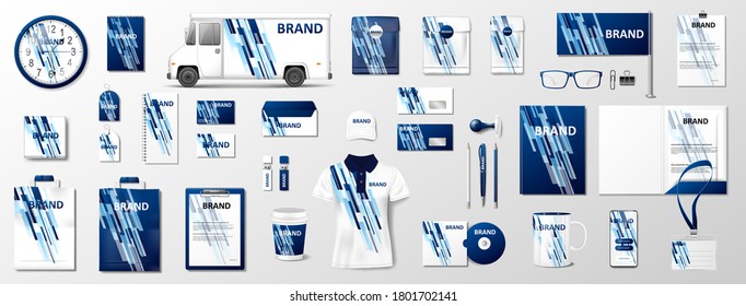 Corporate identity template mockup. Brand blue color abstract geometric mockup on uniform, pack, mug, letterhead, annual report. Realistic Vector Stationery illustration