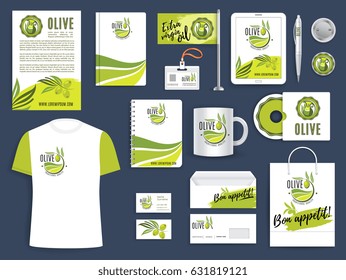 Corporate identity template of olive farm and olive oil product company. Green branch with olive fruit brand sign on document page layout, business card, envelope, cover, folder, notebook, pen and cup