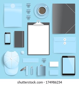 Corporate identity template on blue background. Use layer "Print" in vector file to recolor objects. Eps-10 with transparency.