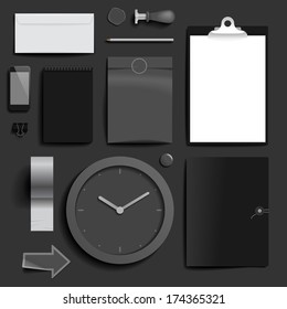 Corporate identity template on dark background. Use layer "Print" in vector file to recolor objects. Eps-10 with transparency.