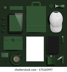 Corporate identity template on dark green background. Use layer "Print" in vector file to recolor objects. Eps-10 with transparency.