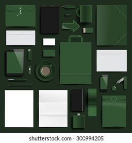 Corporate identity template on dark green background. Use layer "Print" in vector file to recolor objects. Eps-10 with transparency.