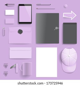 Corporate identity template on light purple background. Use layer "Print" in vector file to recolor objects. Eps-10 with transparency.