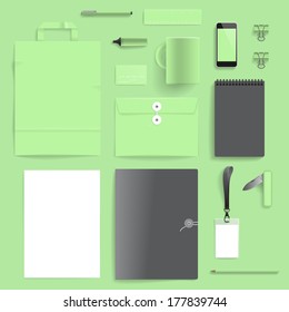 Corporate identity template on light green background. Use layer "Print" in vector file to recolor objects. Eps-10 with transparency.