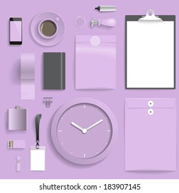 Corporate identity template on light purple background. Use layer "Print" in vector file to recolor objects. Eps-10 with transparency.