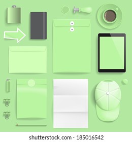 Corporate identity template on light green background. Use layer "Print" in vector file to recolor objects. Eps-10 with transparency.