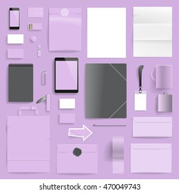 Corporate identity template on light purple background. Use layer "Print" in vector file to recolor objects. Eps-10 with transparency.