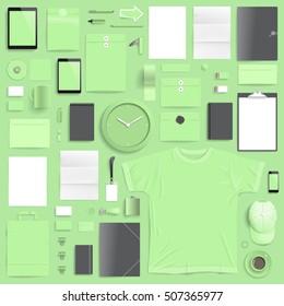 Corporate identity template on light green background. Use layer "Print" in vector file to recolor objects. Eps-10 with transparency.