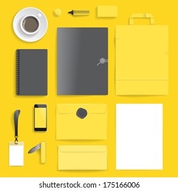 Corporate identity template on yellow background. Use layer "Print" in vector file to recolor objects. Eps-10 with transparency.