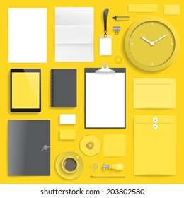 Corporate identity template on yellow background. Use layer "Print" in vector file to recolor objects. Eps-10 with transparency.