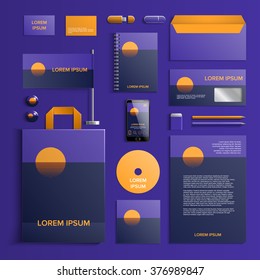 Corporate identity template in orange and violet colors with with minimalist seascape. Vector company style for brandbook and guideline. EPS 10