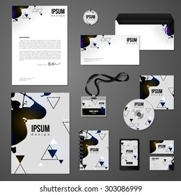 Corporate identity template with Paint Splash and Triangles. Vector company style for brandbook and guideline. Envelope, business cards, folder, notebook, badge, phone interface design.
