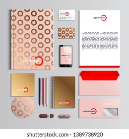 Corporate identity template in pink and gold colors with pattern of circles. Vector company style for brandbook and guideline. EPS 10
